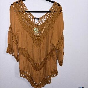 Boho Crochet Trim Top - Brown